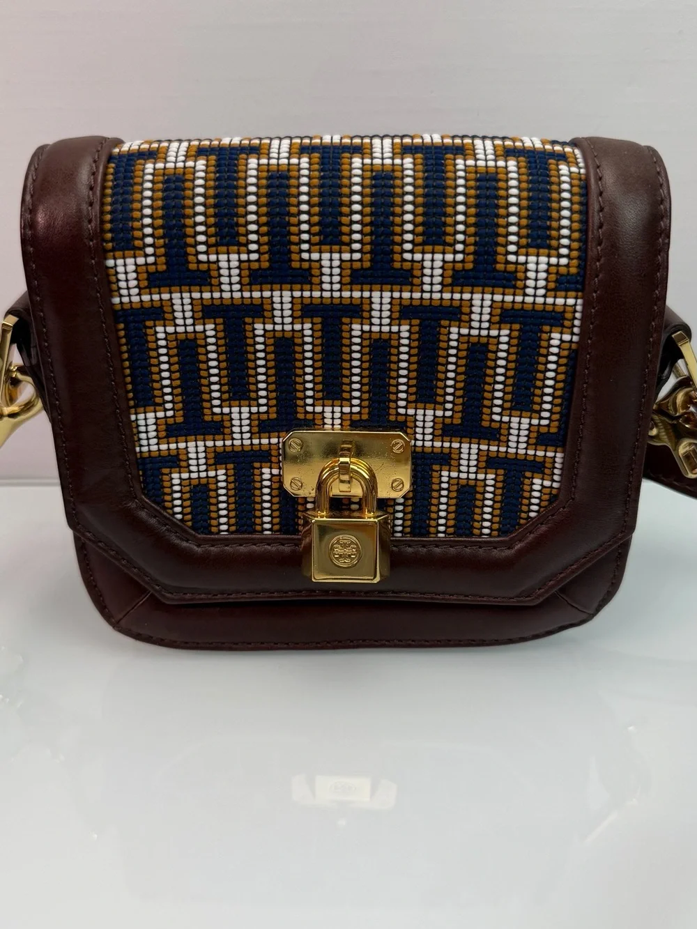 Tory Burch Mini Crossbody Bag Navy Brown Jacquard Lock Gold